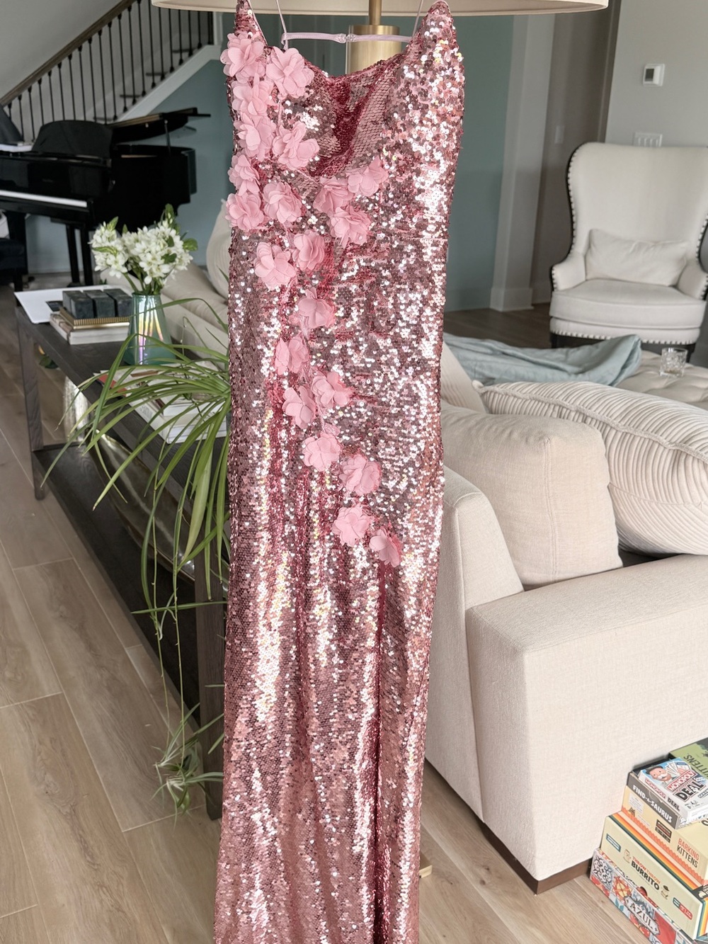 David's Bridal Rose Gold Sequin Maxi Dress with Pink Floral Appliqué